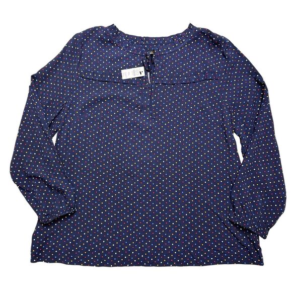 Talbots Top Size XL Petite Navy‎ Blue Polka Dot Tie Neck Ruffle Trim Long Sleeve - Picture 1 of 10